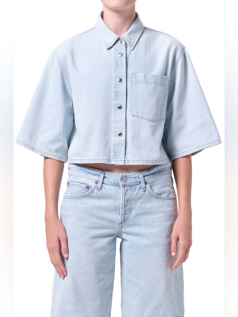 Agolde Tomine Boxy Denim Button-Up Shirt, Pause Light Indigo, Size Medium